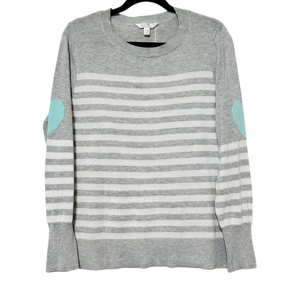 Time & Tru Grey Striped Sweater w/ Spearmint Heart Elbow Patches – Sz L (12-14)